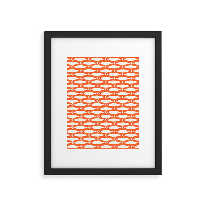 Mid Century Modern Minimalist Fish Pattern in Orange and White Framed Art Print Gallery Image 1