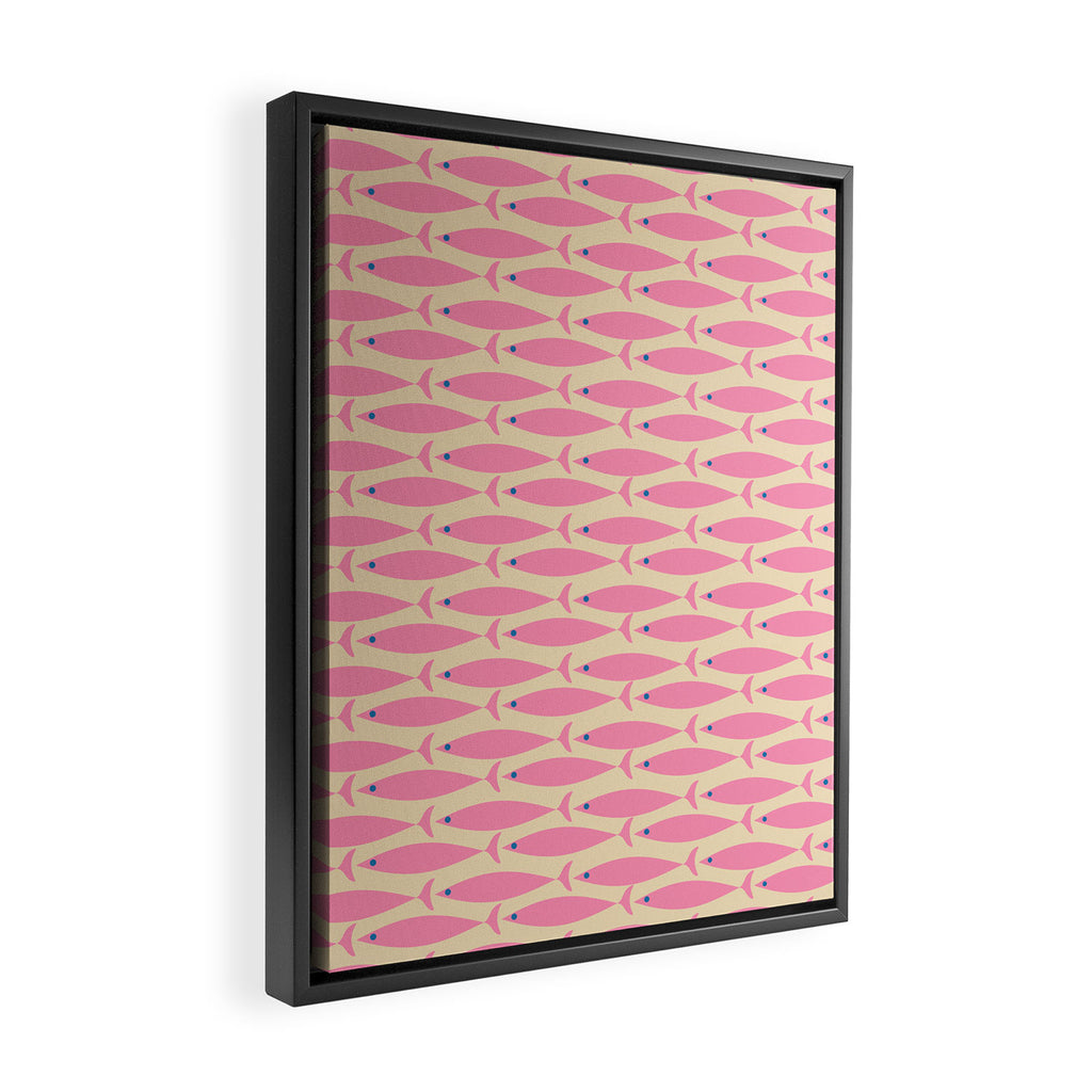 Mid Century Modern Minimalist Fish Pink Cream Blue Pattern Framed Canvas Print Gallery Image 2