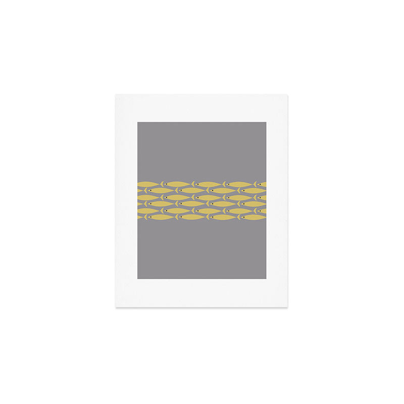 Mid Century Modern Minimalist Fish Stripe Pattern in Retro Gray and Mustard Yellow Art Print Gallery Image 1