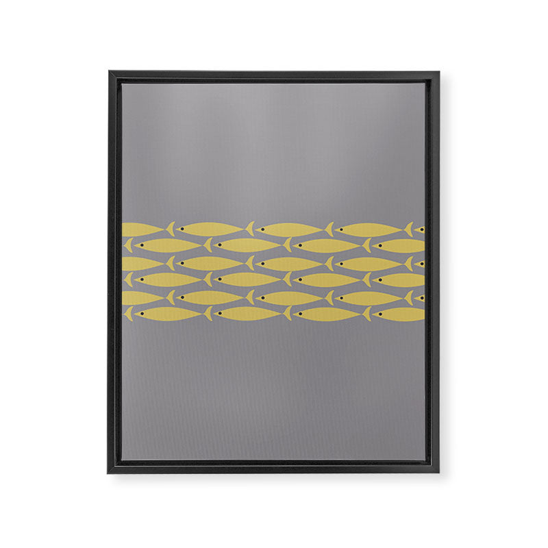 Mid Century Modern Minimalist Fish Stripe Pattern in Retro Gray and Mustard Yellow Framed Canvas Print Gallery Image 8