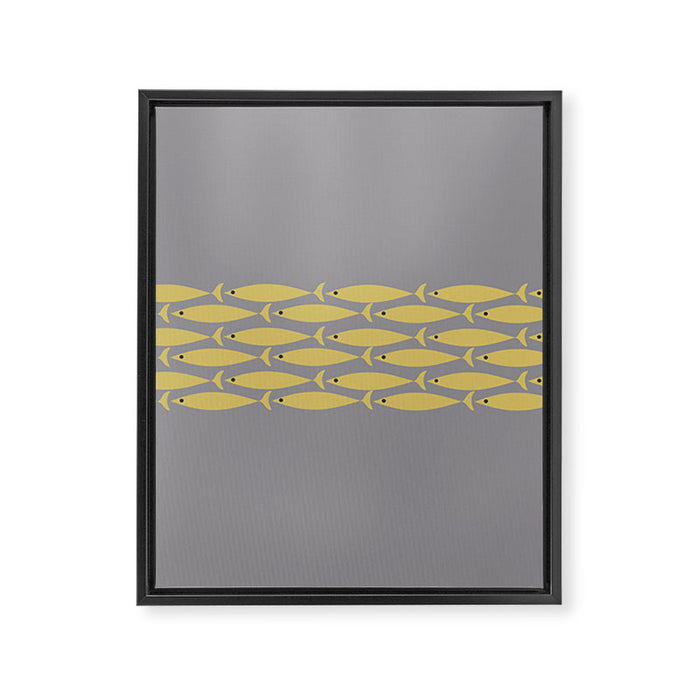 Mid Century Modern Minimalist Fish Stripe Pattern in Retro Gray and Mustard Yellow Framed Canvas Print Gallery Image 1