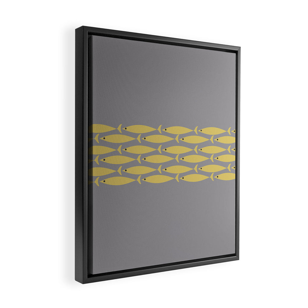 Mid Century Modern Minimalist Fish Stripe Pattern in Retro Gray and Mustard Yellow Framed Canvas Print Gallery Image 2