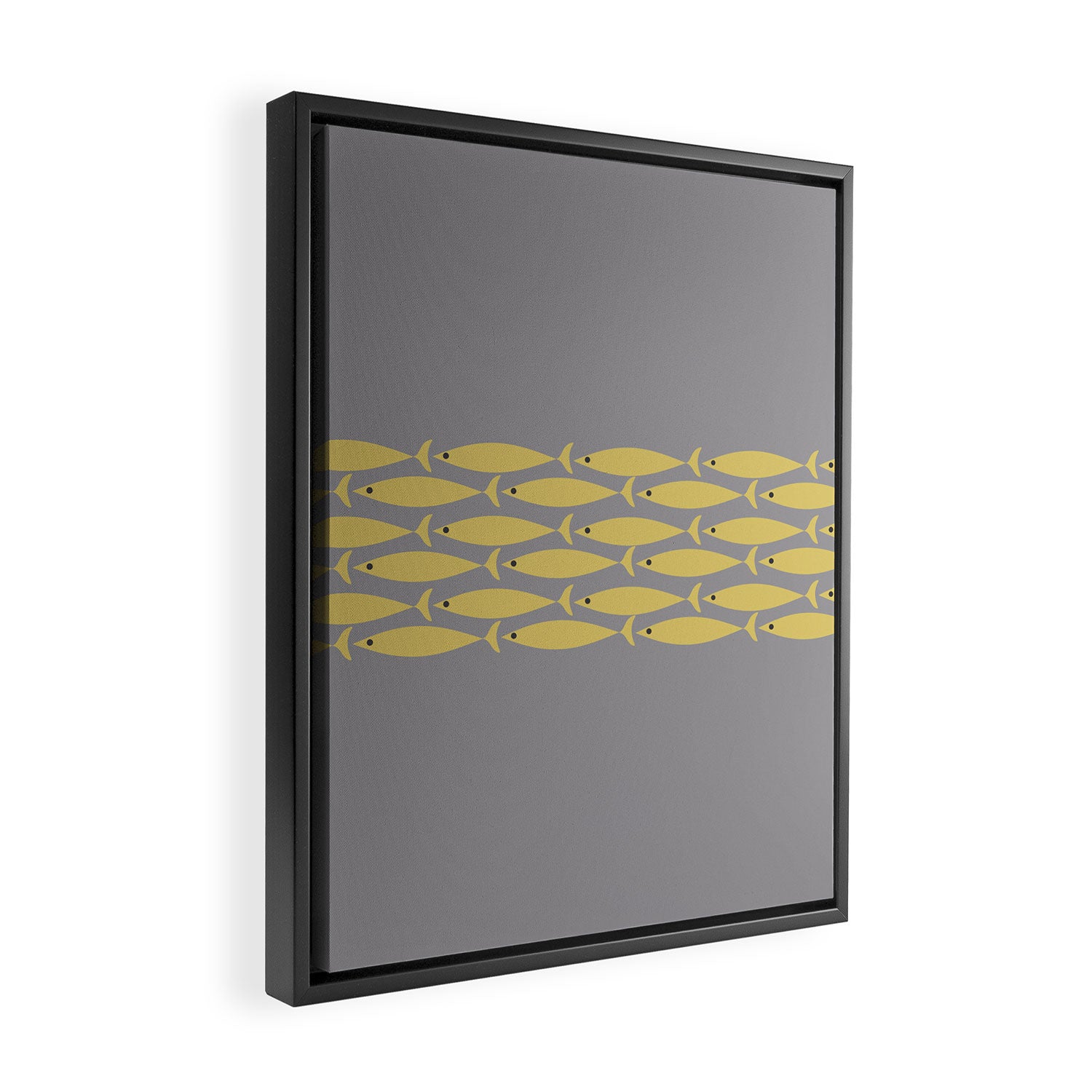 Mid Century Modern Minimalist Fish Stripe Pattern in Retro Gray and Mustard Yellow Framed Canvas Print Gallery Image 2