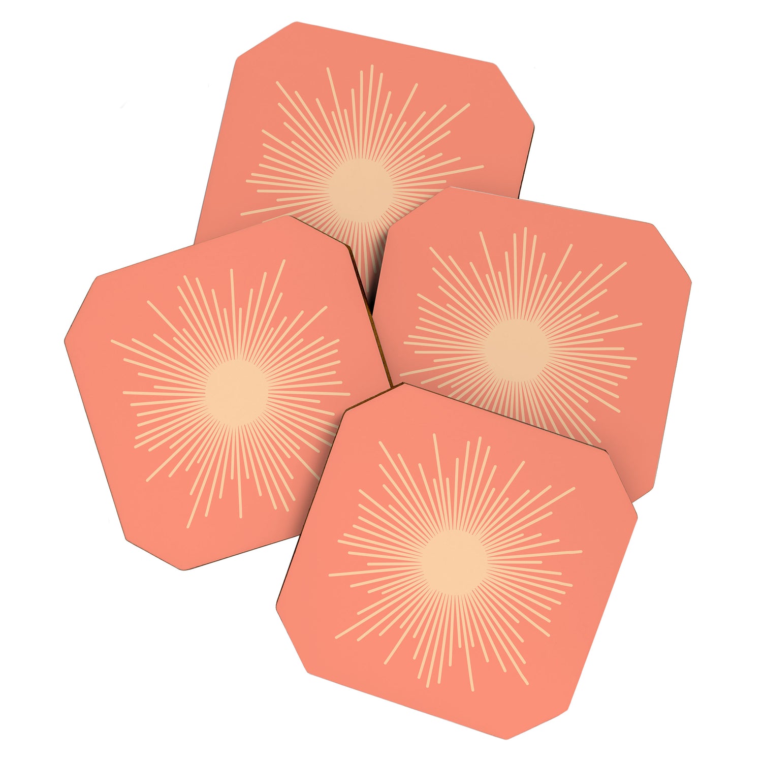 Mid Century Modern Minimalist Sunburst in Salmon Blush Pink and Cream Coaster Gallery Image 1