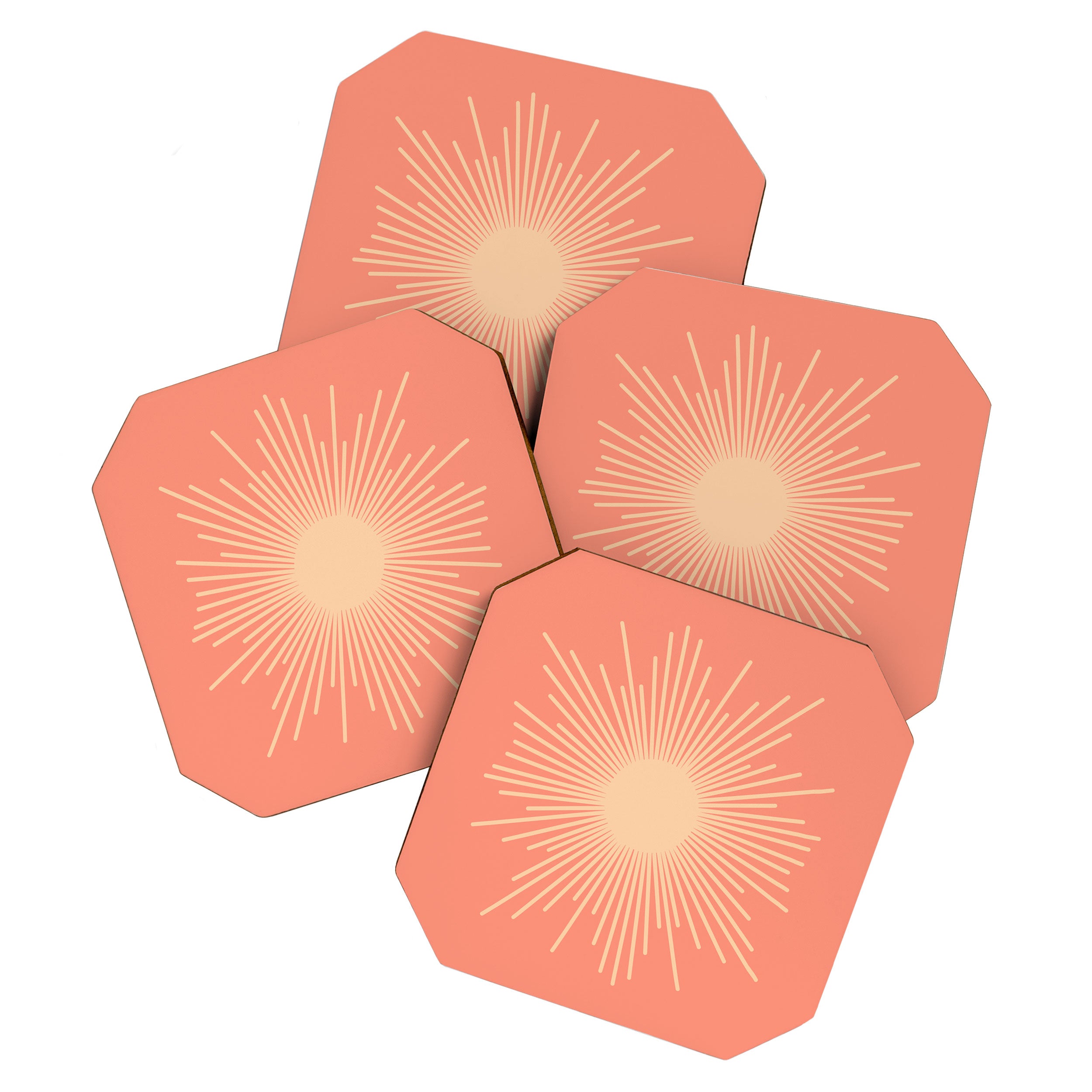 Mid Century Modern Minimalist Sunburst in Salmon Blush Pink and Cream Coaster Gallery Image 1
