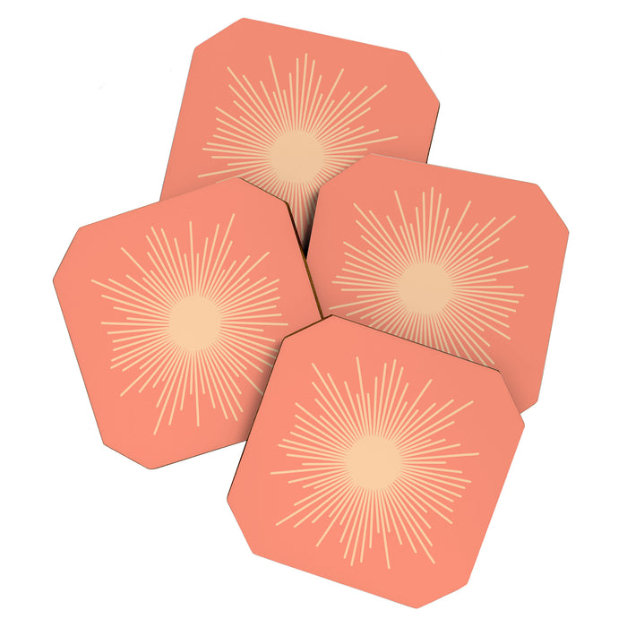Mid Century Modern Minimalist Sunburst in Salmon Blush Pink and Cream Coaster Gallery Image 1