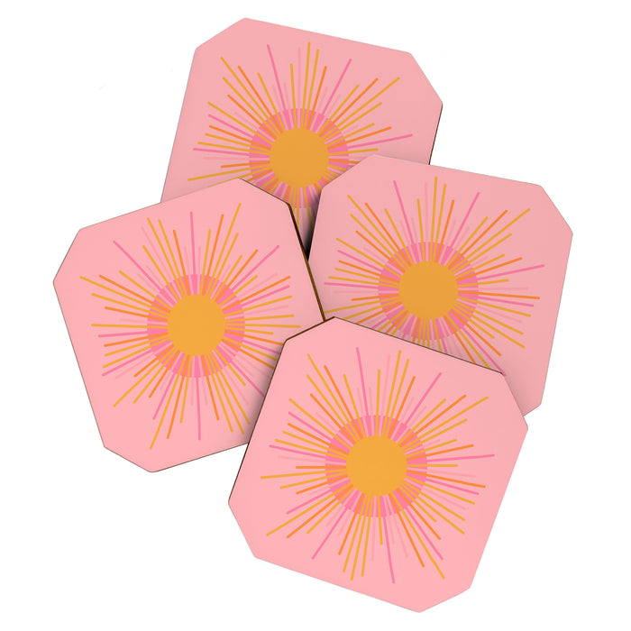 Mid Century Modern Minimalist Sunburst Retro Sun Pink Orange Mustard Yellow Coaster Gallery Image 1