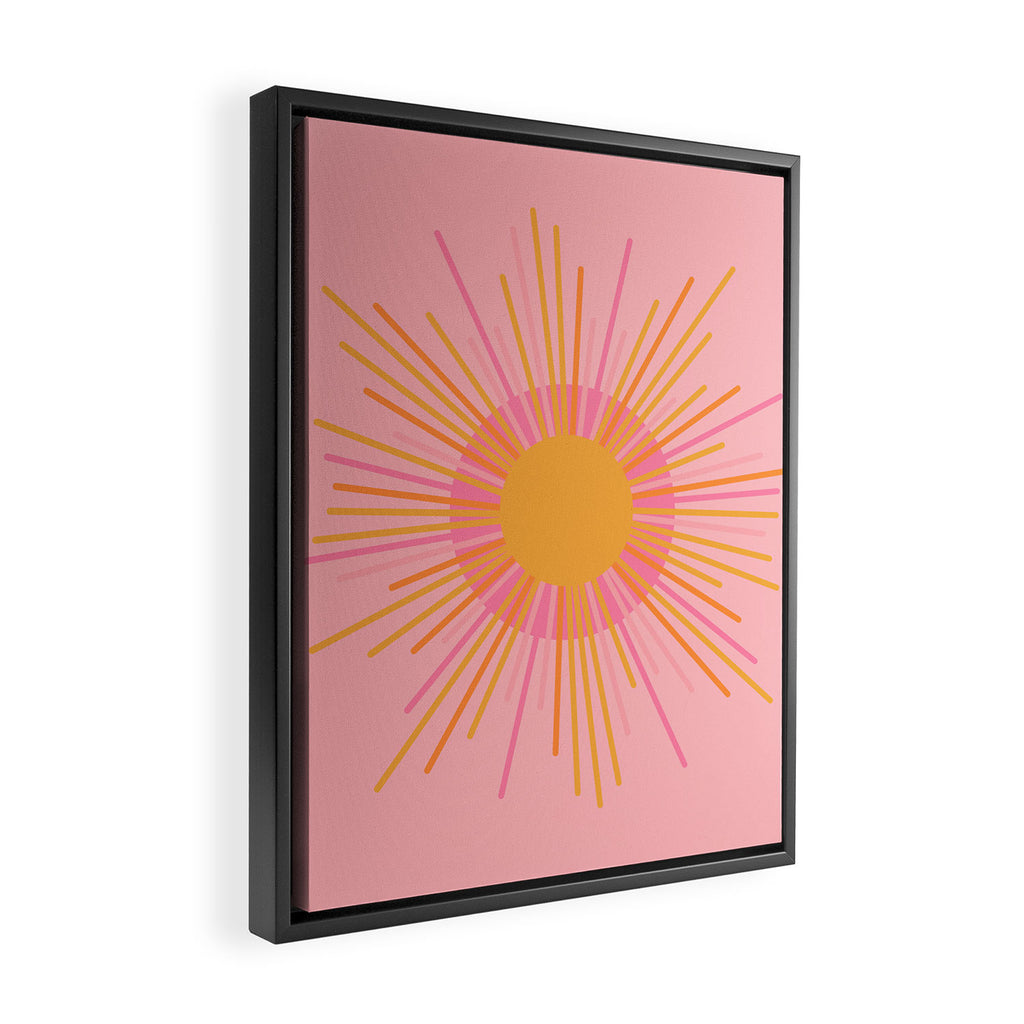 Mid Century Modern Minimalist Sunburst Retro Sun Pink Orange Mustard Yellow Framed Canvas Print Gallery Image 2