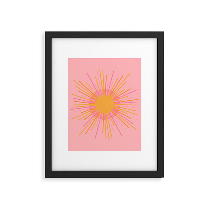 Mid Century Modern Minimalist Sunburst Retro Sun Pink Orange Mustard Yellow Framed Art Print Gallery Image 1