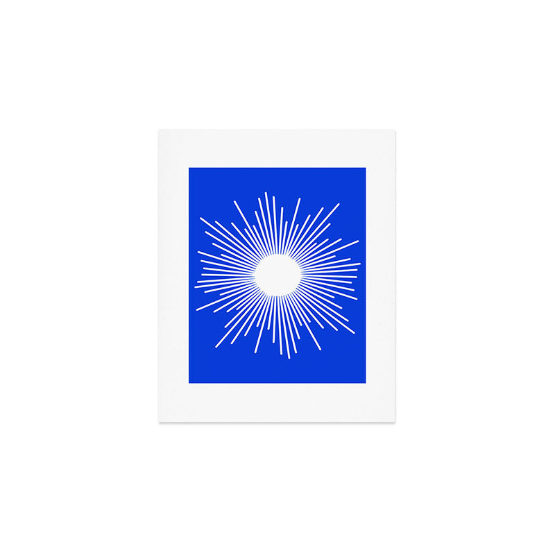 Mid Century Modern Minimalist Sunburst Retro Sun Royal Blue and White Art Print Gallery Image 1