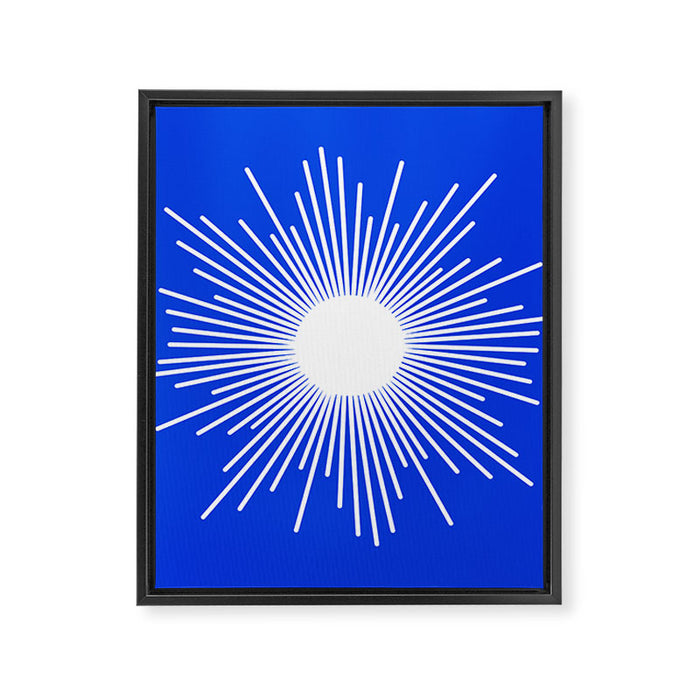 Mid Century Modern Minimalist Sunburst Retro Sun Royal Blue and White Framed Canvas Print Gallery Image 1