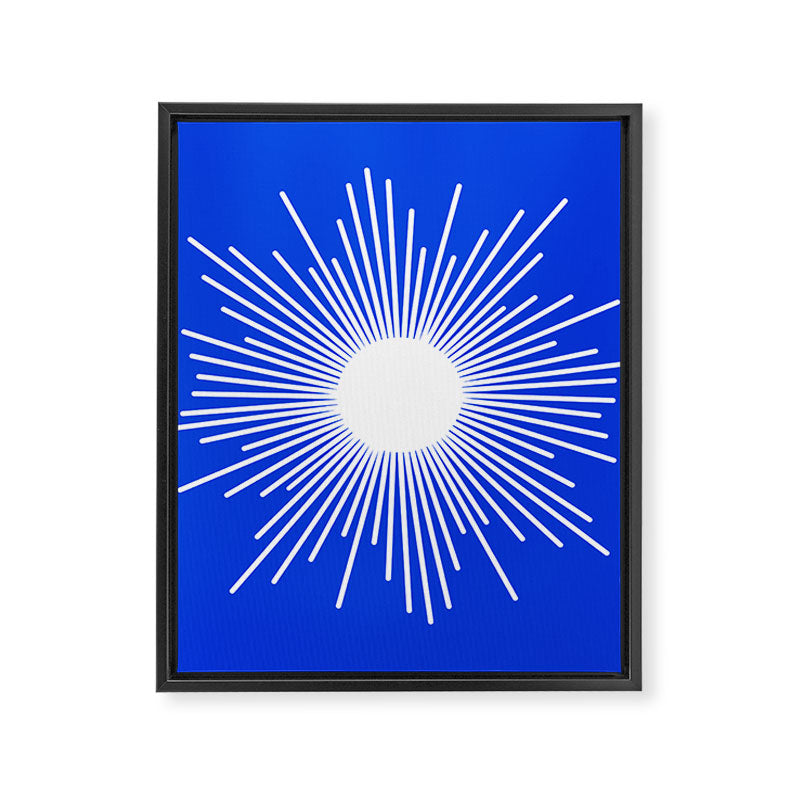 Mid Century Modern Minimalist Sunburst Retro Sun Royal Blue and White Framed Canvas Print Gallery Image 8
