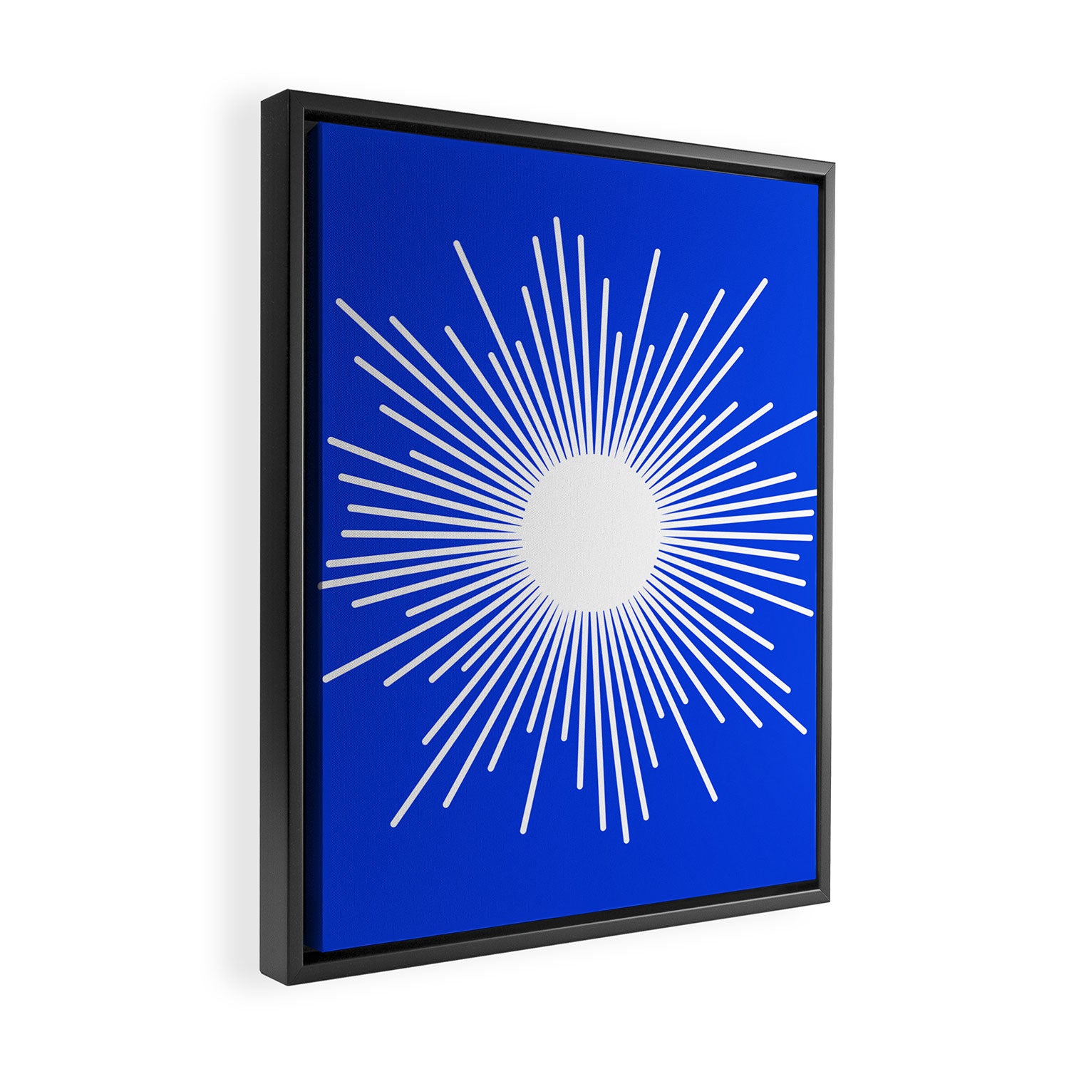 Mid Century Modern Minimalist Sunburst Retro Sun Royal Blue and White Framed Canvas Print Gallery Image 2