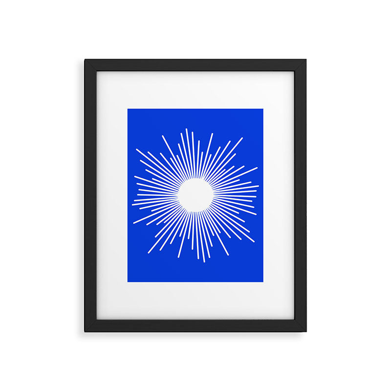 Mid Century Modern Minimalist Sunburst Retro Sun Royal Blue and White Framed Art Print Gallery Image 6