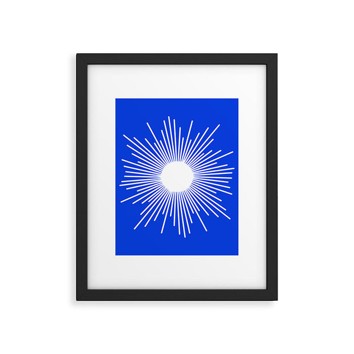 Mid Century Modern Minimalist Sunburst Retro Sun Royal Blue and White Framed Art Print Gallery Image 1