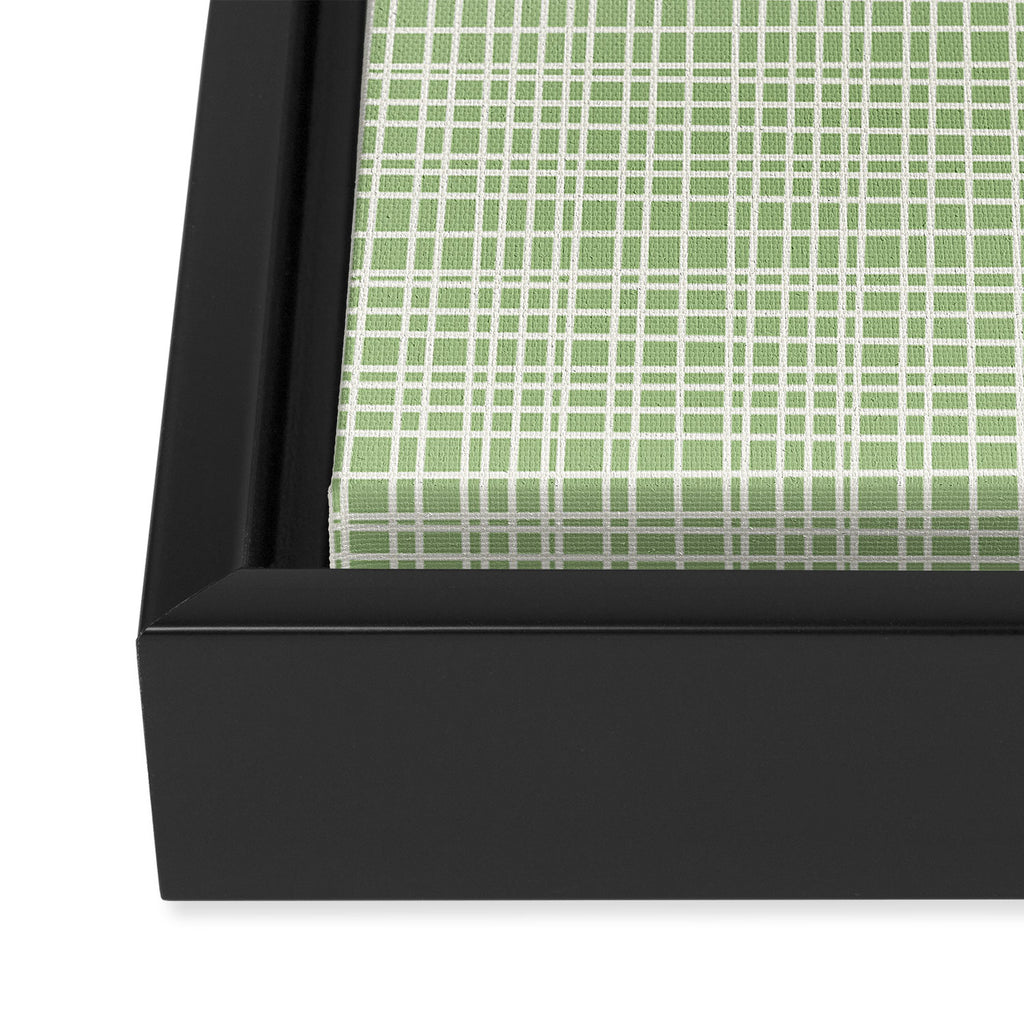 Mid Century Modern Minimalist Woven Line Pattern in Light Sage Green and Cream Framed Canvas Print Gallery Image 3