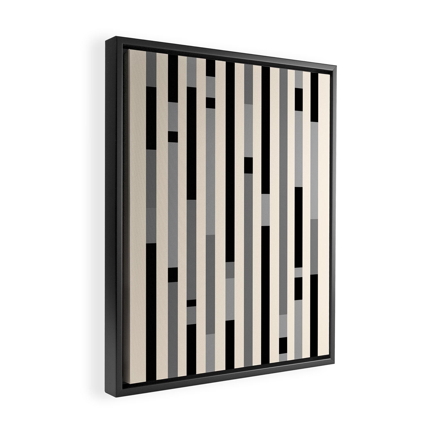 Mid Century Modern Modular Stripes in Black, Gray, and Almond Cream Framed Canvas Print Gallery Image 2