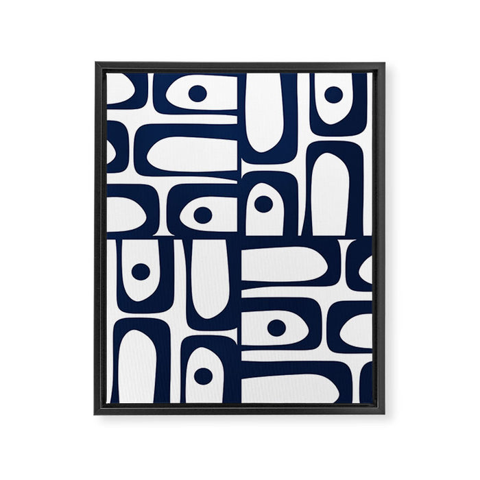 Mid Century Modern Navy Blue and White Abstract Piquet Pattern Framed Canvas Print Gallery Image 1