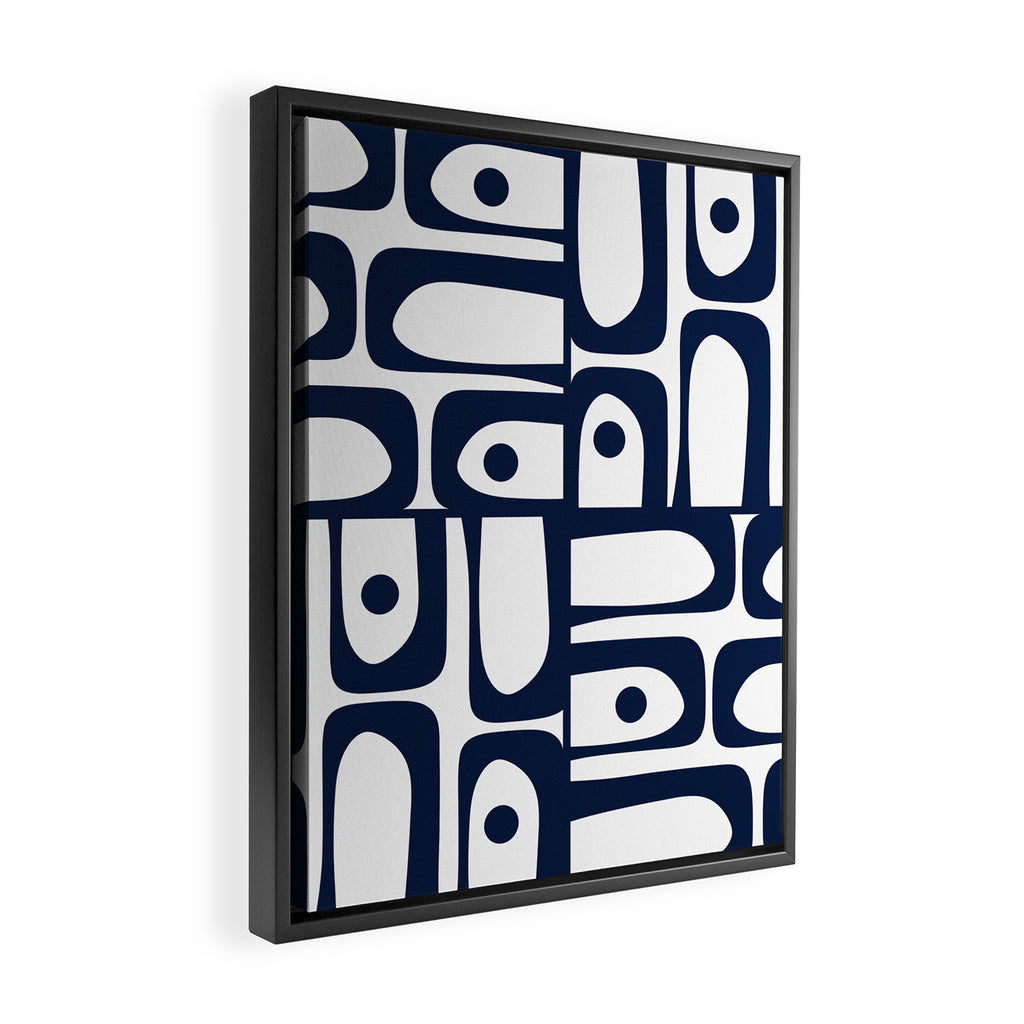 Mid Century Modern Navy Blue and White Abstract Piquet Pattern Framed Canvas Print Gallery Image 2