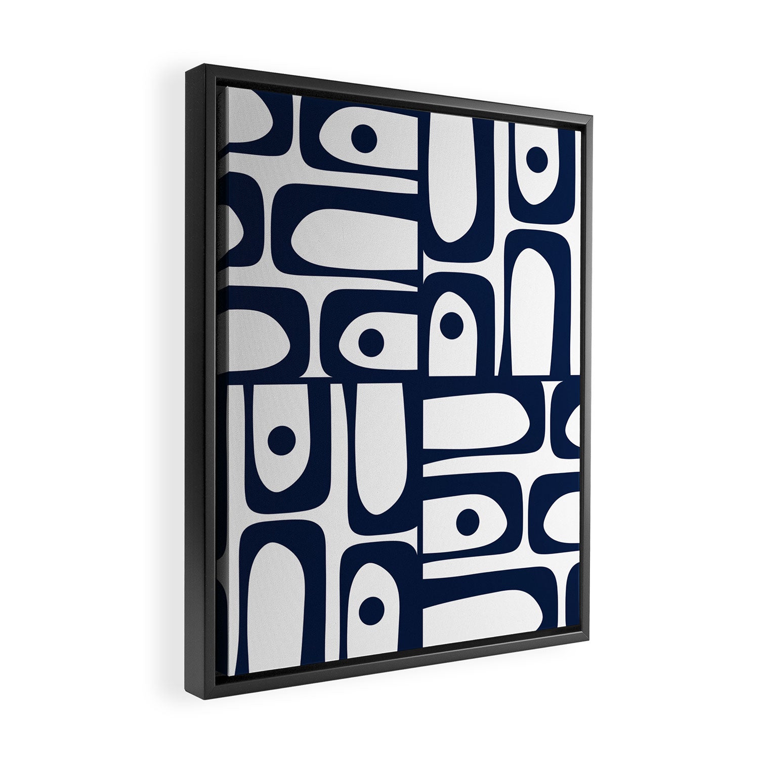 Mid Century Modern Navy Blue and White Abstract Piquet Pattern Framed Canvas Print Gallery Image 2