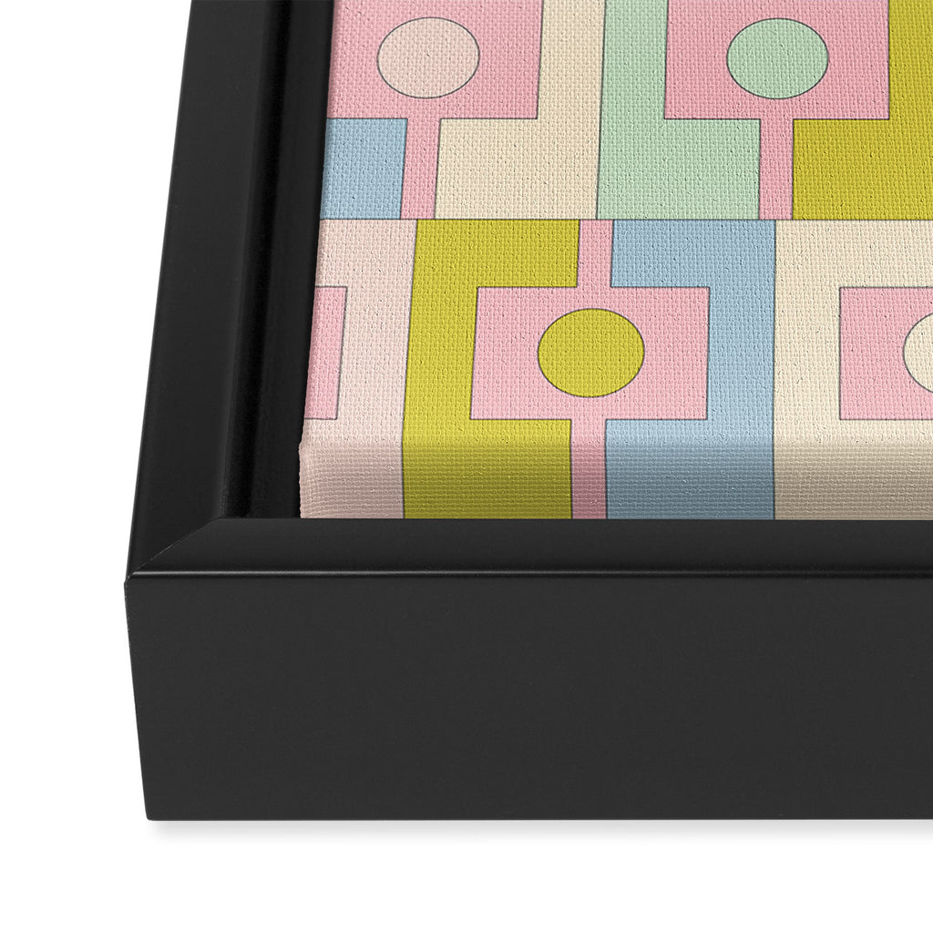 Mid Century Modern Pastel Pink Rektangel Geometric Pattern with Light Blue and Chartreuse Framed Canvas Print Gallery Image 3