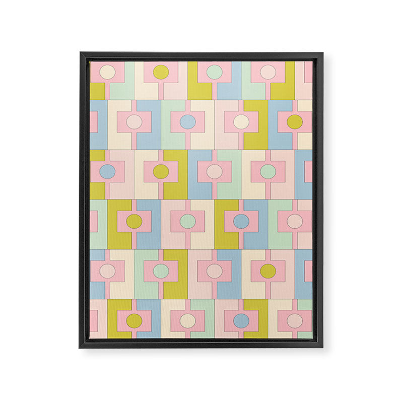 Mid Century Modern Pastel Pink Rektangel Geometric Pattern with Light Blue and Chartreuse Framed Canvas Print Gallery Image 8