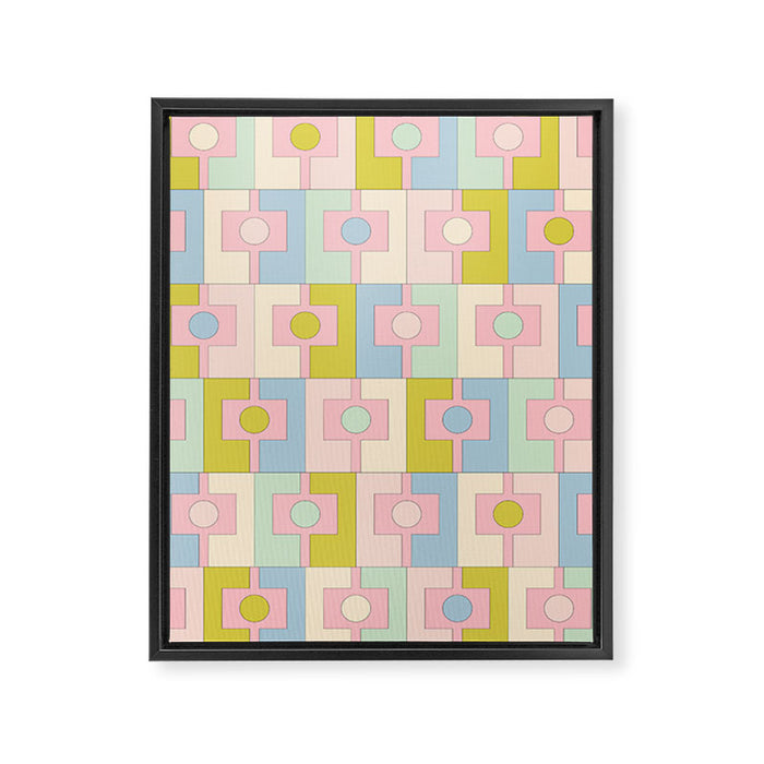Mid Century Modern Pastel Pink Rektangel Geometric Pattern with Light Blue and Chartreuse Framed Canvas Print Gallery Image 1
