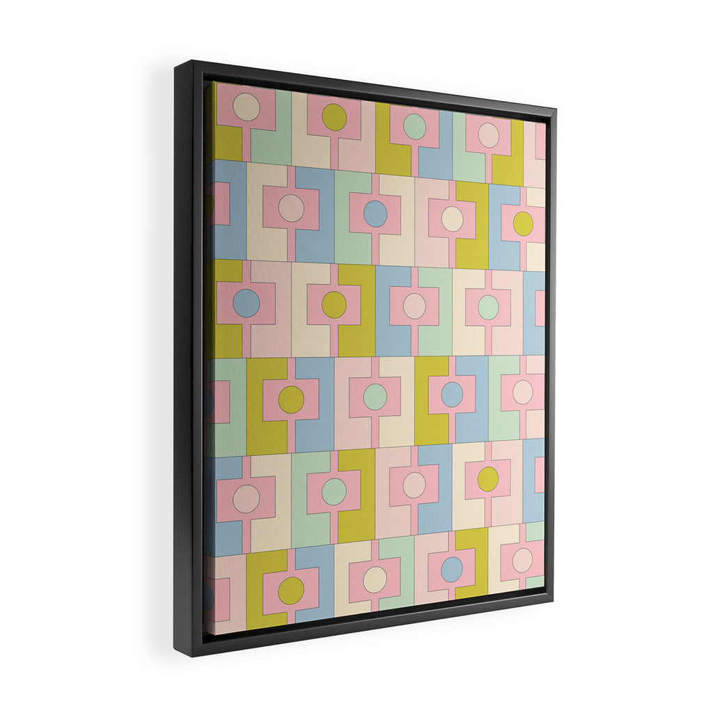Mid Century Modern Pastel Pink Rektangel Geometric Pattern with Light Blue and Chartreuse Framed Canvas Print Gallery Image 2