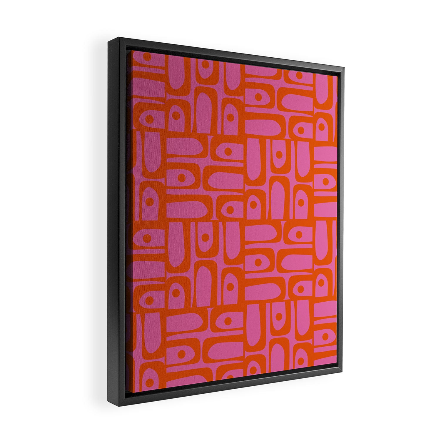 Mid Century Modern Piquet Abstract Geometric Multi Pattern Hot Pink and Red-Orange Framed Canvas Print Gallery Image 2