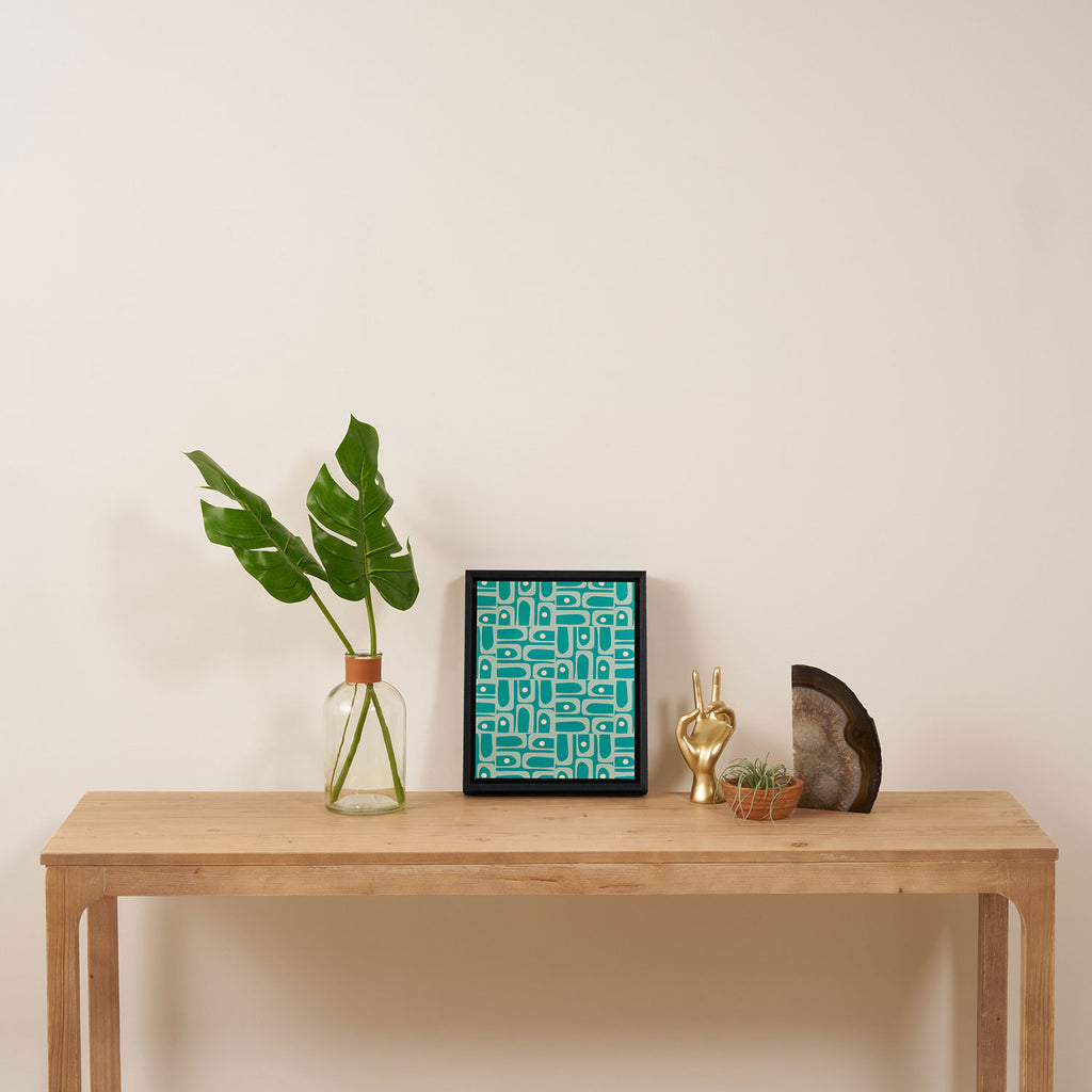 Mid Century Modern Piquet Abstract Geometric Multi Pattern in Aqua Teal Framed Canvas Print Gallery Image 4