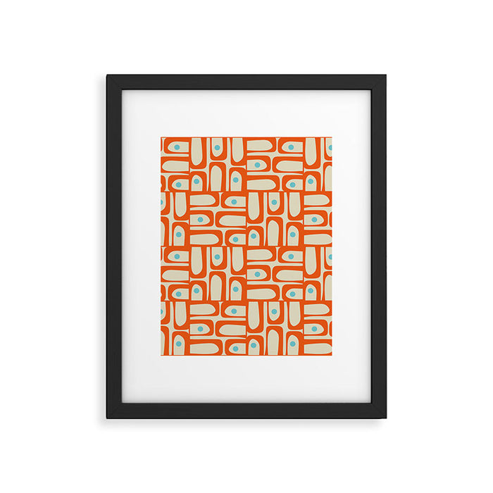 Mid Century Modern Piquet Abstract Geometric Multi Pattern Orange Aqua Beige Framed Art Print Gallery Image 1