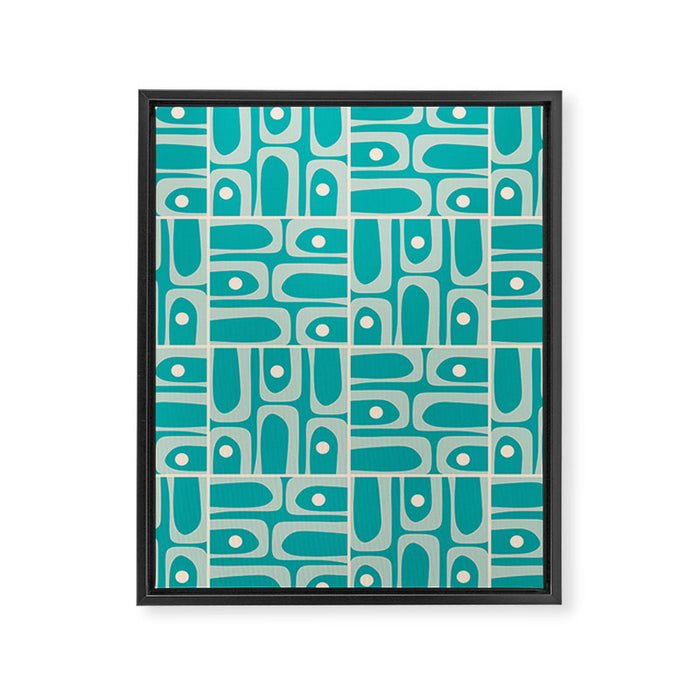 Mid Century Modern Piquet Abstract Geometric Multi Tiled Pattern in Aqua Teal and Cream Framed Canvas Print Gallery Image 1