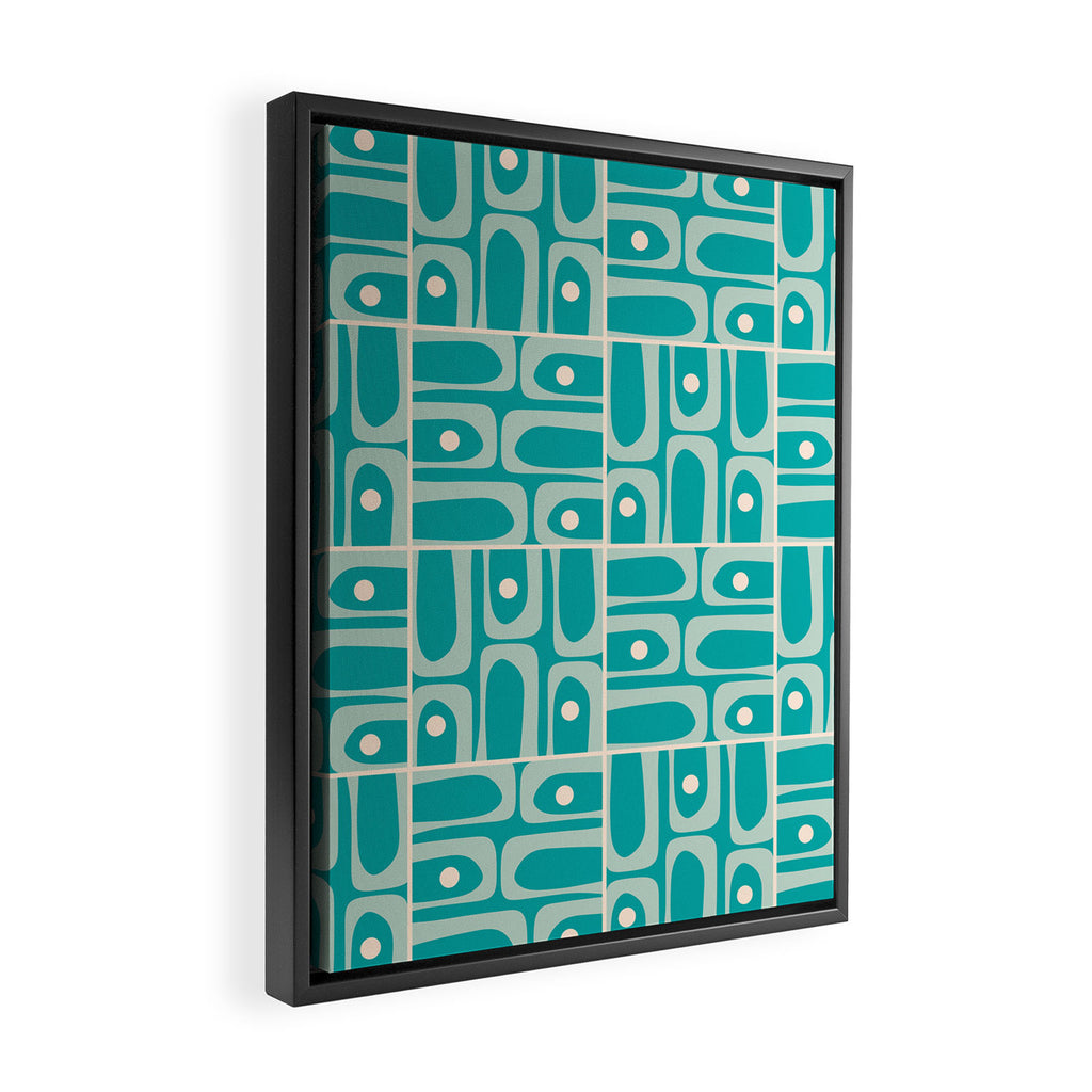 Mid Century Modern Piquet Abstract Geometric Multi Tiled Pattern in Aqua Teal and Cream Framed Canvas Print Gallery Image 2