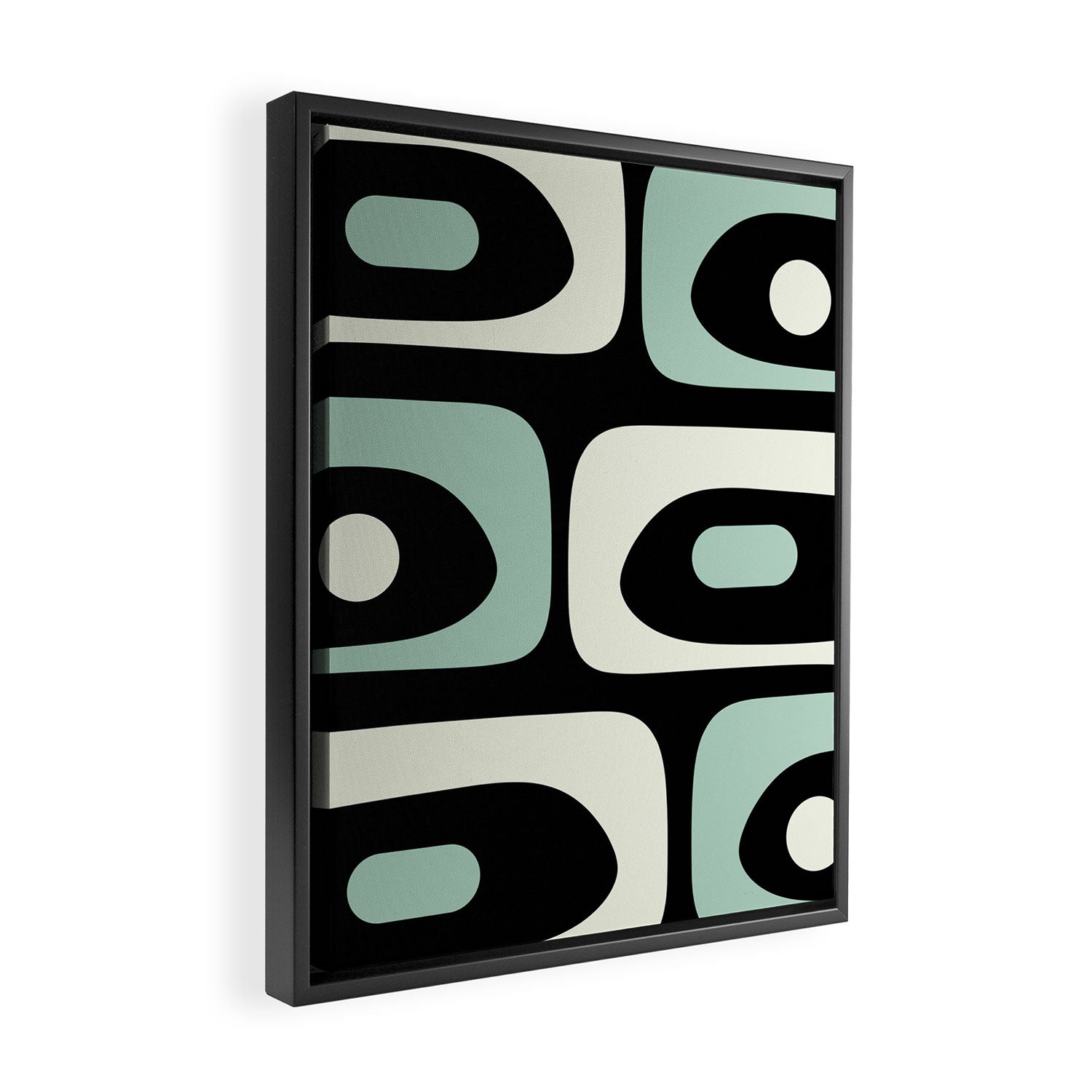 Mid Century Modern Piquet Abstract Minimalist Pattern in Black and Mint Framed Canvas Print Gallery Image 2