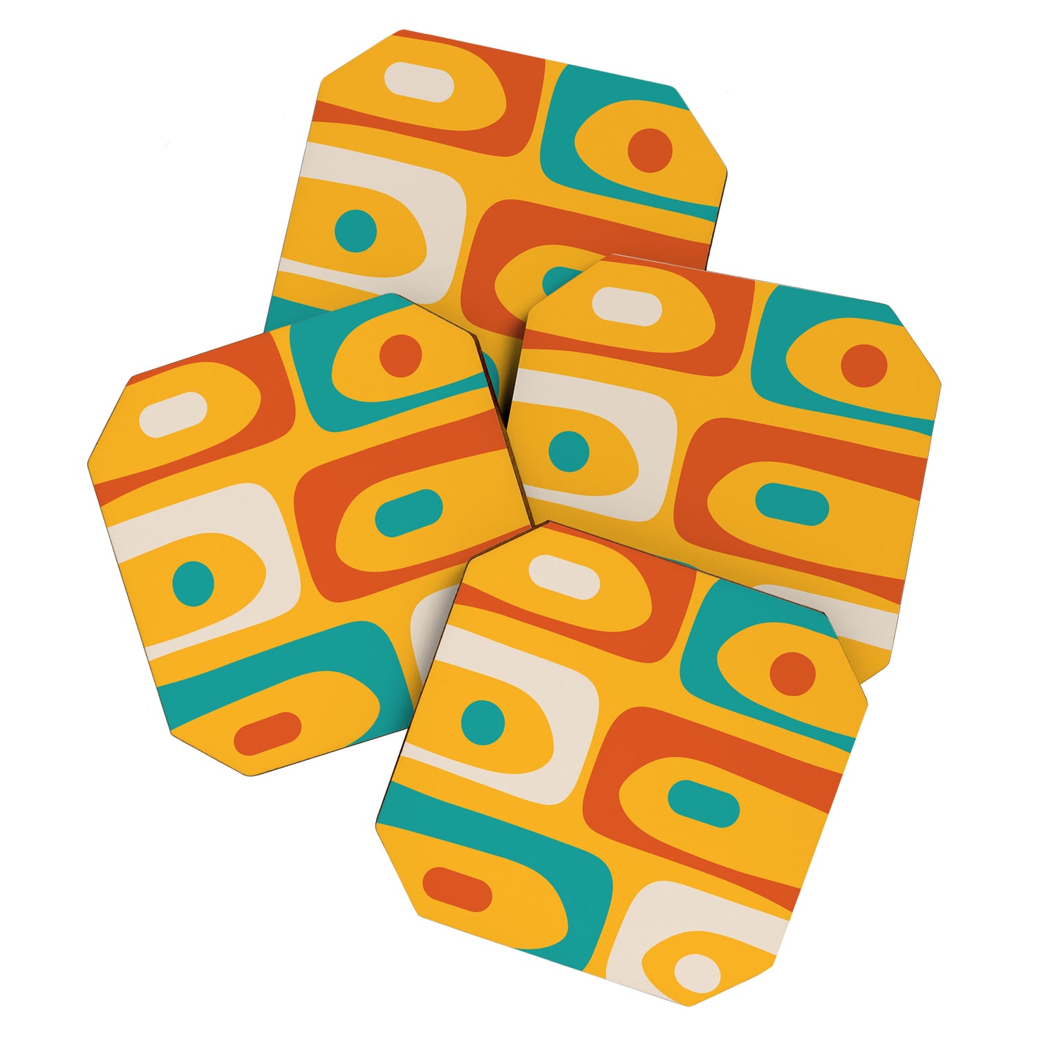 Mid Century Modern Piquet Abstract Minimalist Pattern Orange Yellow Teal Coaster Gallery Image 1