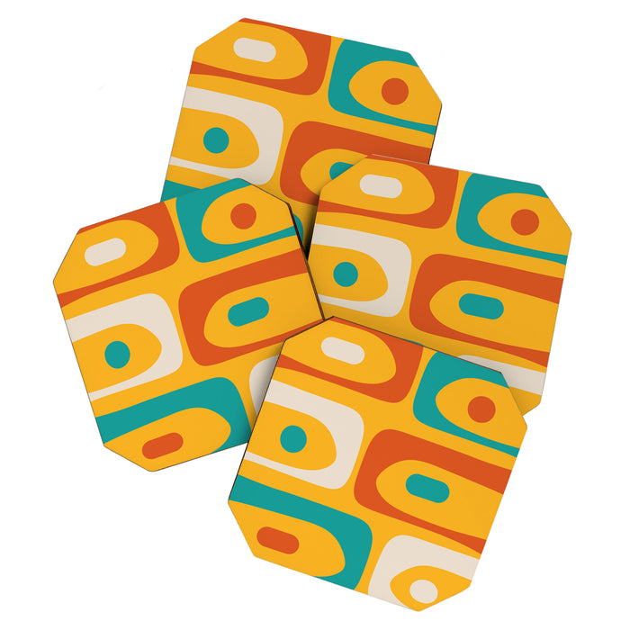 Mid Century Modern Piquet Abstract Minimalist Pattern Orange Yellow Teal Coaster Gallery Image 1