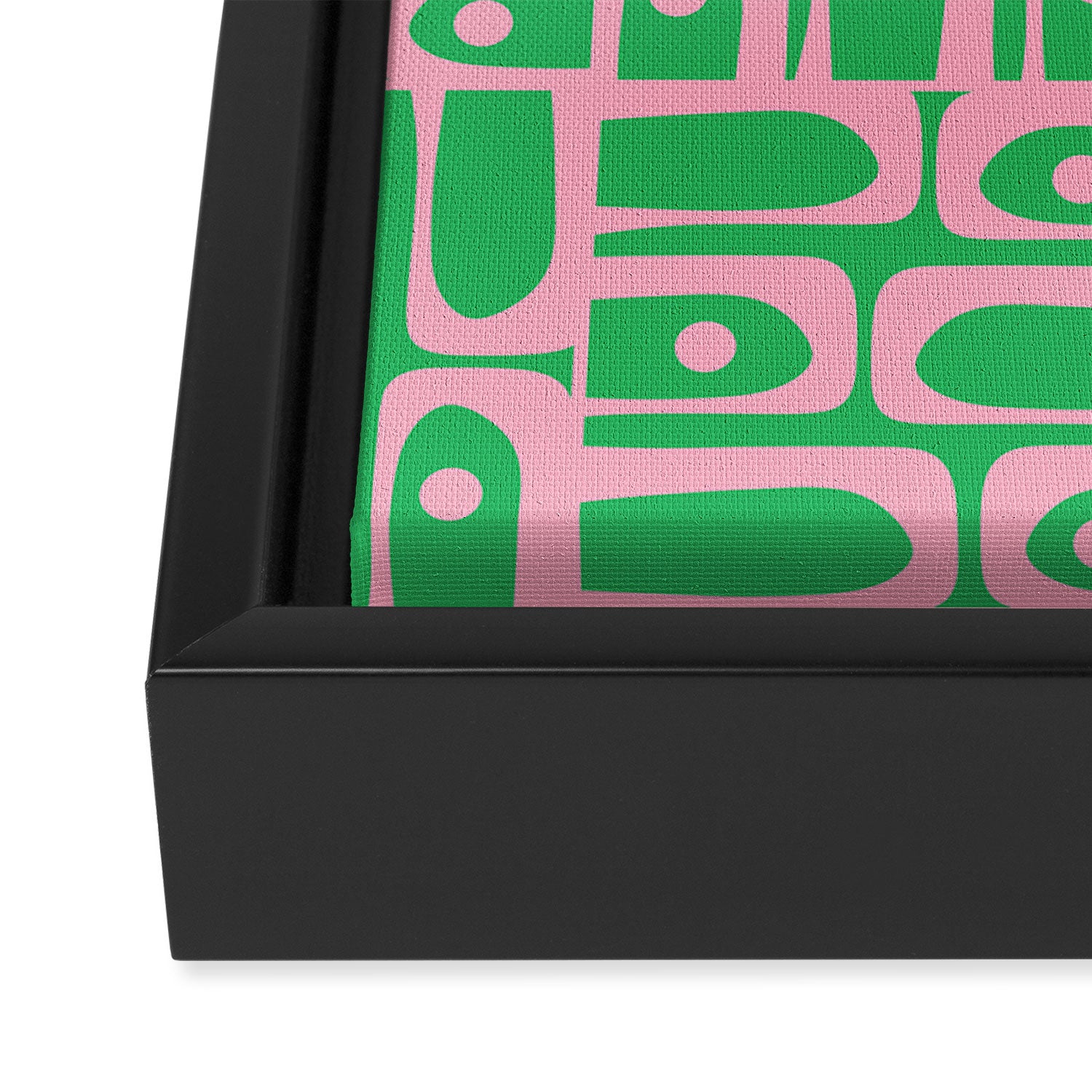 Mid Century Modern Piquet Abstract Multi Geo Pattern in Spring Green and Pink Framed Canvas Print Gallery Image 3