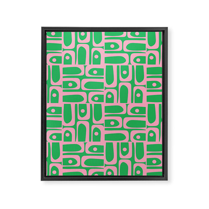 Mid Century Modern Piquet Abstract Multi Geo Pattern in Spring Green and Pink Framed Canvas Print Gallery Image 1