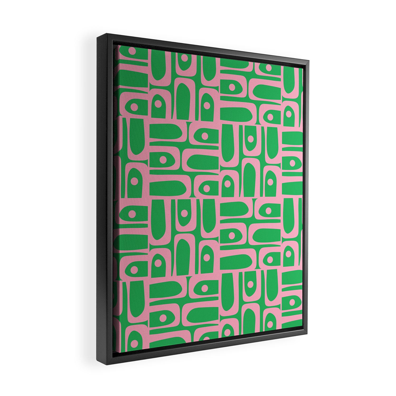 Mid Century Modern Piquet Abstract Multi Geo Pattern in Spring Green and Pink Framed Canvas Print Gallery Image 2