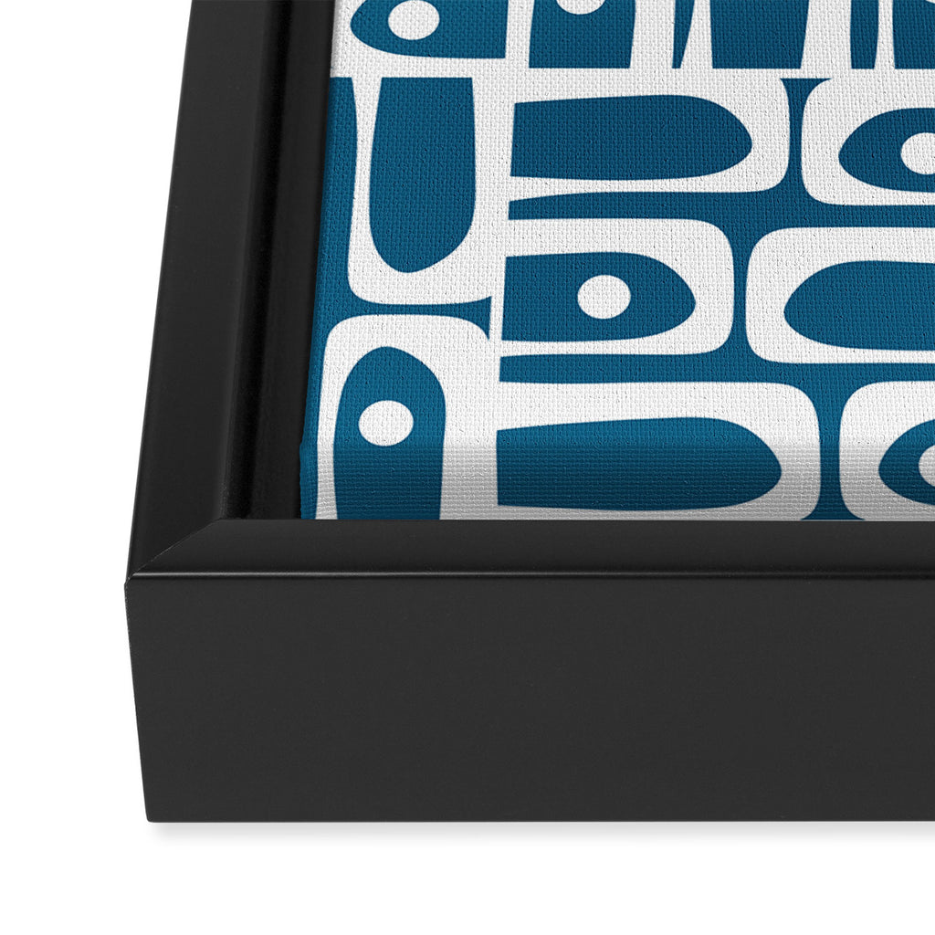 Mid Century Modern Piquet Abstract Multi Geometric Blue and White Pattern Framed Canvas Print Gallery Image 3