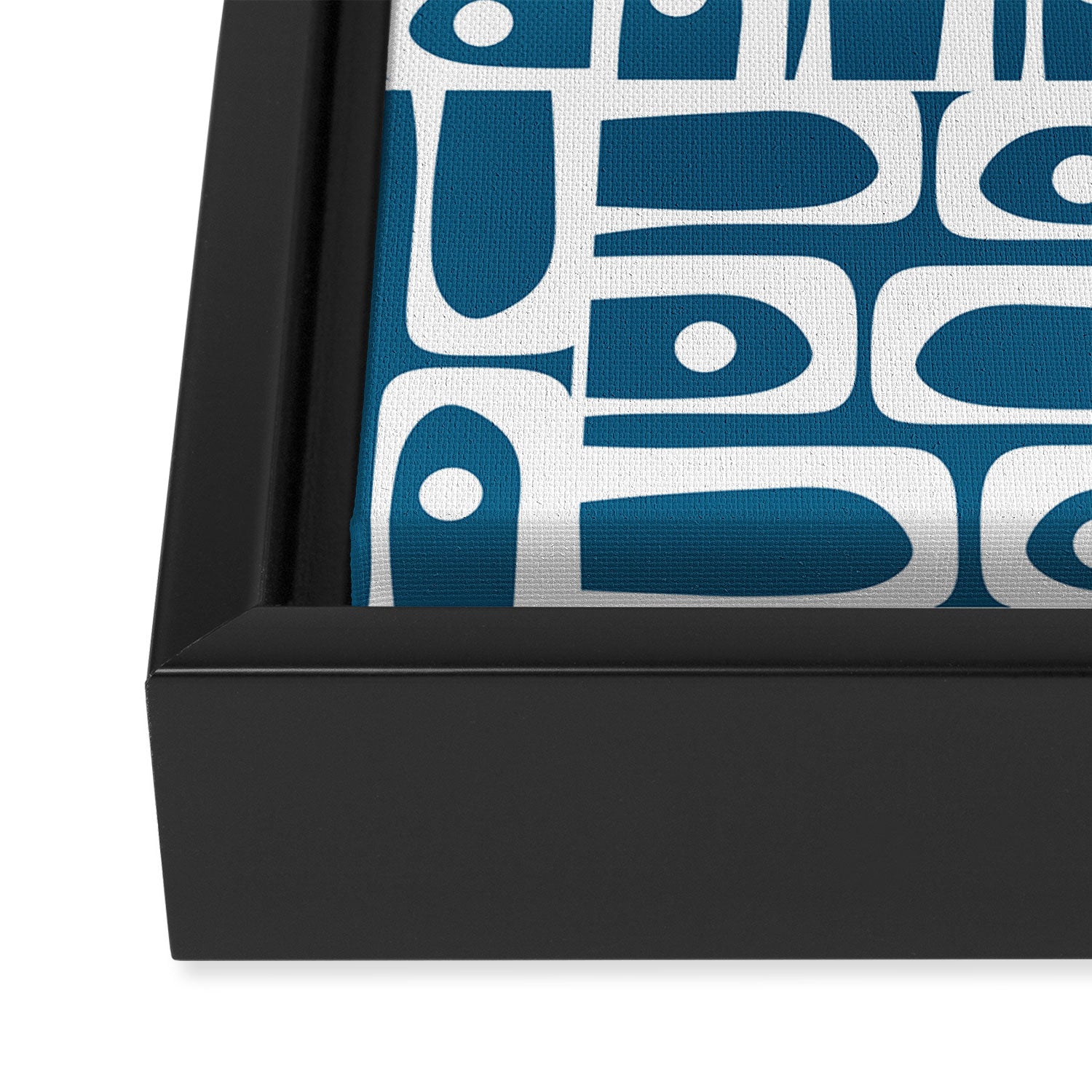 Mid Century Modern Piquet Abstract Multi Geometric Blue and White Pattern Framed Canvas Print Gallery Image 3
