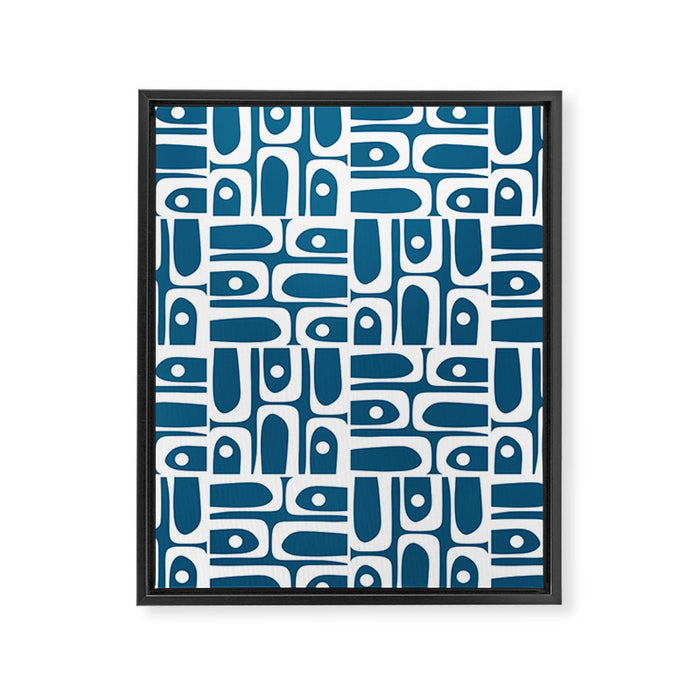 Mid Century Modern Piquet Abstract Multi Geometric Blue and White Pattern Framed Canvas Print Gallery Image 1