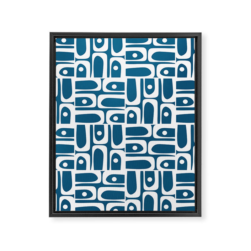 Mid Century Modern Piquet Abstract Multi Geometric Blue and White Pattern Framed Canvas Print Gallery Image 8