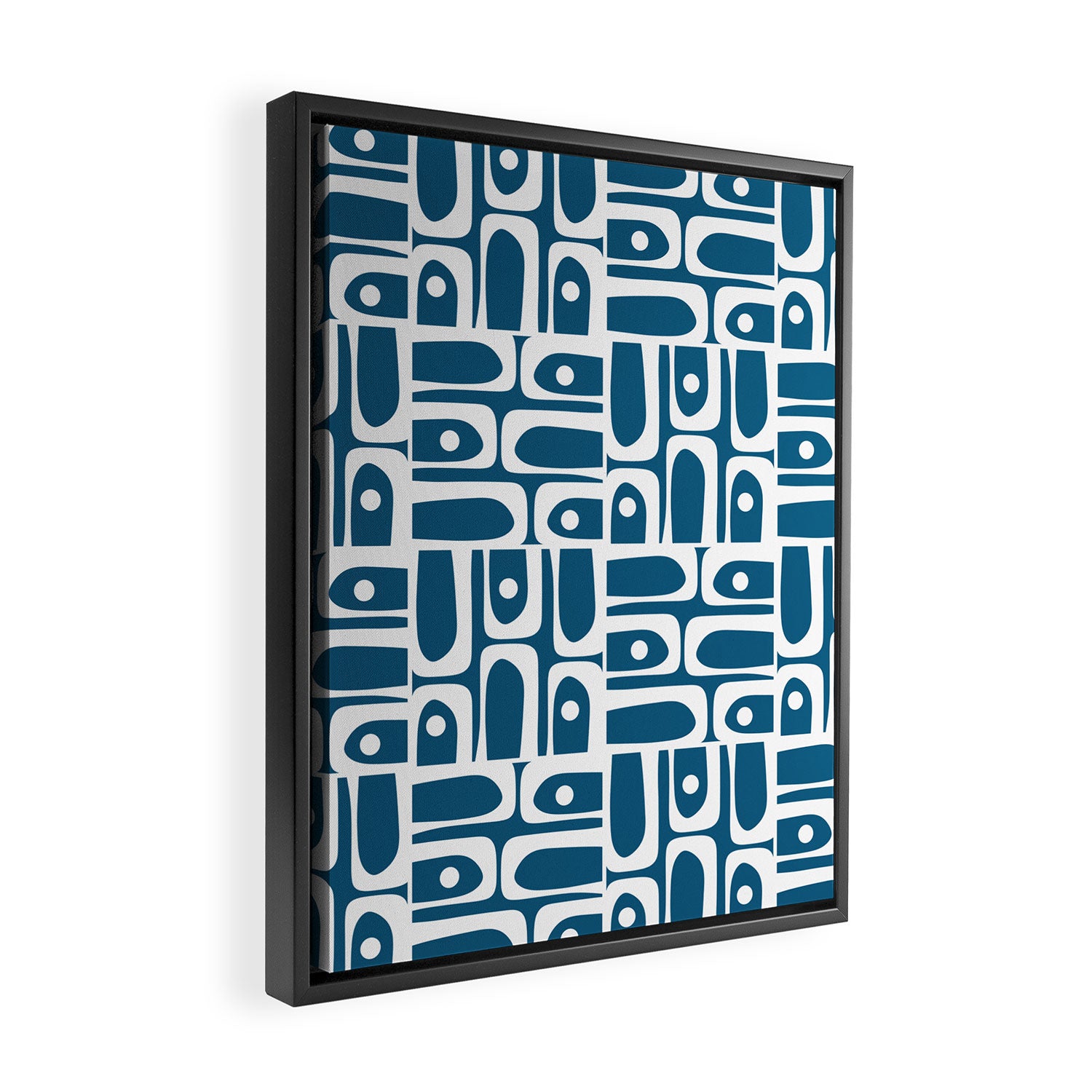 Mid Century Modern Piquet Abstract Multi Geometric Blue and White Pattern Framed Canvas Print Gallery Image 2