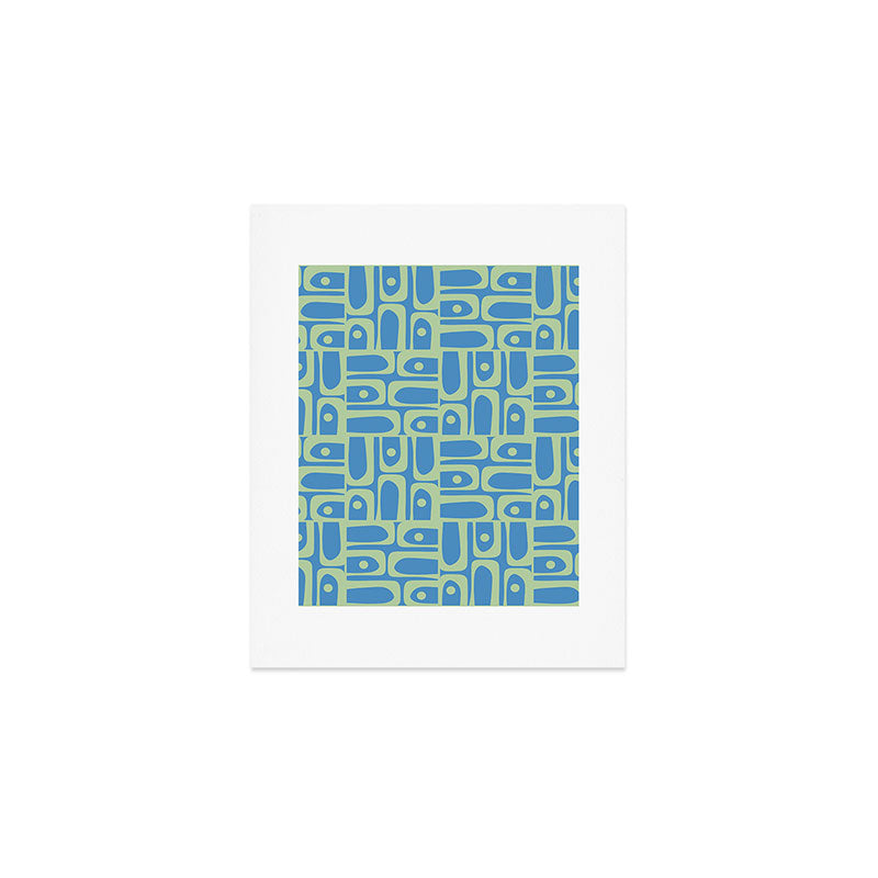 Mid Century Modern Piquet Abstract Multi Geometric Pattern Blue and Light Spring Green Art Print Gallery Image 1