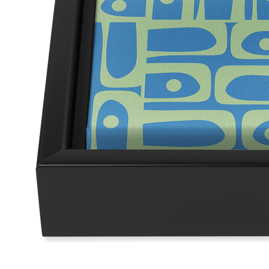 Mid Century Modern Piquet Abstract Multi Geometric Pattern Blue and Light Spring Green Framed Canvas Print Gallery Image 3