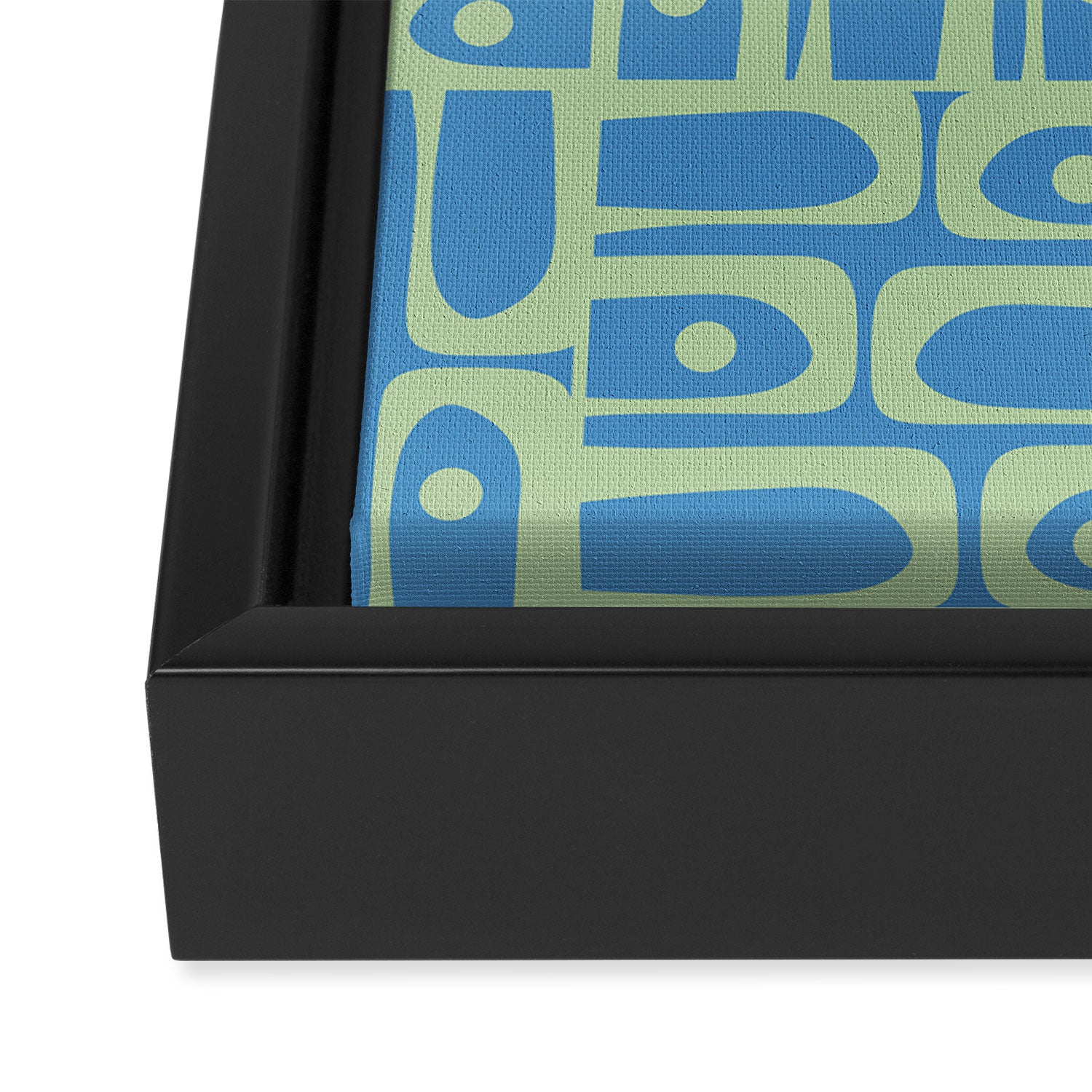 Mid Century Modern Piquet Abstract Multi Geometric Pattern Blue and Light Spring Green Framed Canvas Print Gallery Image 3