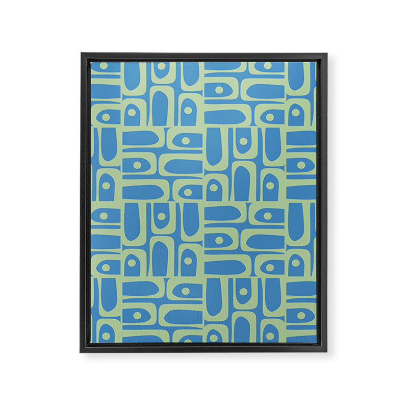 Mid Century Modern Piquet Abstract Multi Geometric Pattern Blue and Light Spring Green Framed Canvas Print Gallery Image 8