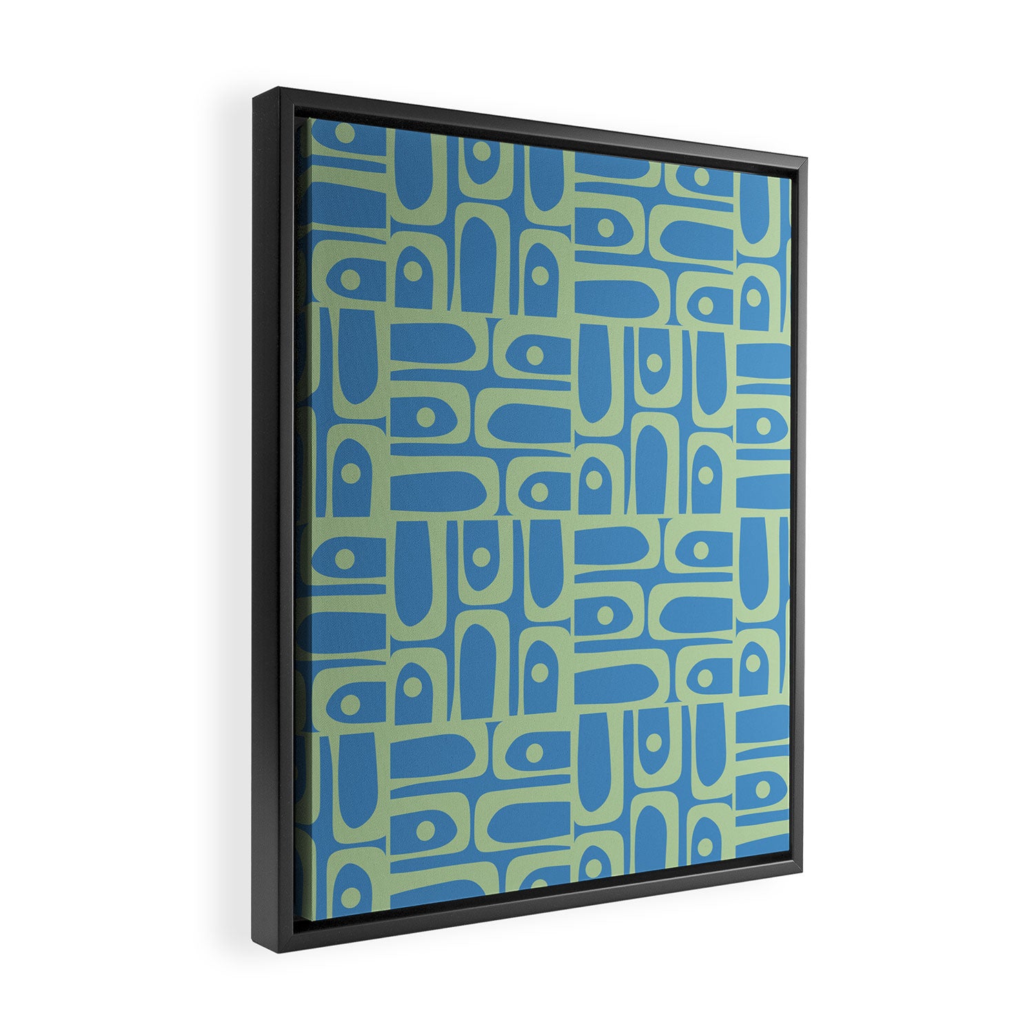 Mid Century Modern Piquet Abstract Multi Geometric Pattern Blue and Light Spring Green Framed Canvas Print Gallery Image 2