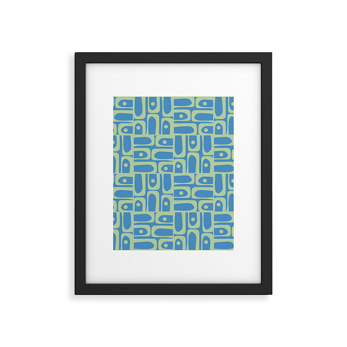 Mid Century Modern Piquet Abstract Multi Geometric Pattern Blue and Light Spring Green Framed Art Print Gallery Image 1